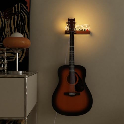 Light Up Guitar Stand Wall Mount, Solid Wood Guitar Hanger Shelf Accessories with Pick Holder, for Acoustic Electric Bass Ukulele Violin, Gift for Men Boyfriend Music Lovers Guitar Players Guitarist