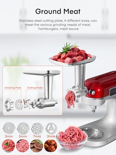 Stainless Steel Meat Grinder Attachment for KitchenAid Stand Mixer, Meat Grinder for Kitchen Aid Included 4 Grinding Plates, 2 Sausage Stuffer Tubes, 2 Grinding Blades, Food Meat Processor Accessories