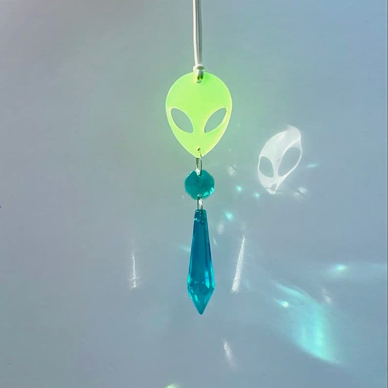 Glow In The Dark Alien Car Charm, Crystal Suncatcher, Auto Rear View Mirror Accessories, New Car Gift, Women Festival Rave Decor, Stoner (Crystal Color - Clear, Alien Style - Glitter)