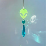 Glow In The Dark Alien Car Charm, Crystal Suncatcher, Auto Rear View Mirror Accessories, New Car Gift, Women Festival Rave Decor, Stoner (Crystal Color - Clear, Alien Style - Glitter)
