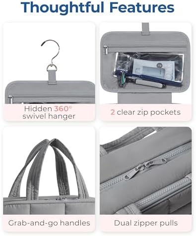 BAGSMART Travel Toiletry Bag with Jewelry Organizer, Hanging Travel Bag for Toiletries, Puffy Makeup Cosmetic Bag Organizer, Carry-on Travel Accessories Essentials, Grey-M