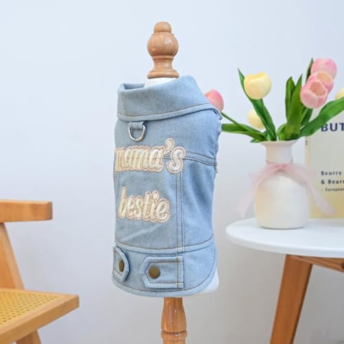 PalmPurr Light Blue Denim Dog Vest for Small Dogs & Cats, “Mama’s Bestie” Embroidered Jean Jacket with D-Ring, Soft Lightweight Pet Outfit for Walks, Parties & Daily Wear(L)