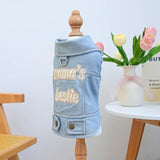 PalmPurr Light Blue Denim Dog Vest for Small Dogs & Cats, “Mama’s Bestie” Embroidered Jean Jacket with D-Ring, Soft Lightweight Pet Outfit for Walks, Parties & Daily Wear(L)