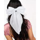 Velscrun Hair Bows for Women Girls 4Pcs White Silky Hair Bow Navy Blue Satin Large Coquette Bow Grey Big Hair Bows Clip Oversized Hair Ribbons Long Tail Black Bow Hair Barrettes Hair Accessories Gifts