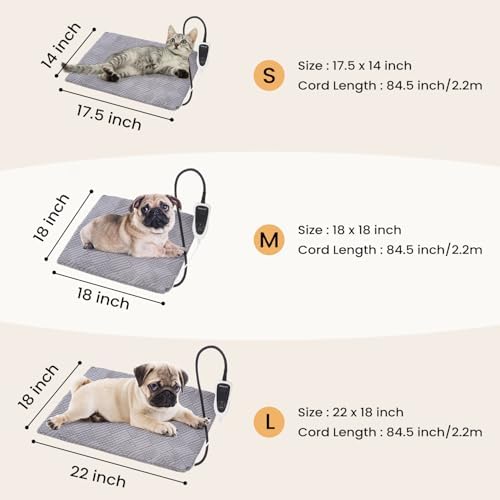 Pettycare Pet Heating Pad for Dog Cat, Electric Heating with Steel-Wrapped Cord, 25-Level Timer & 11-Level Temperature Indoor Warming Pads Easy Clean for Puppy Cat Dog M 18x18inch, Grey