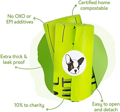 100% Certified Home Compostable Dog Poop Bags with Handles - 10% to Charity - ASTM D6400 & EN 13432 Compliant - 120 x Plant Based X Large Compostable Poop Bags (10 Rolls)