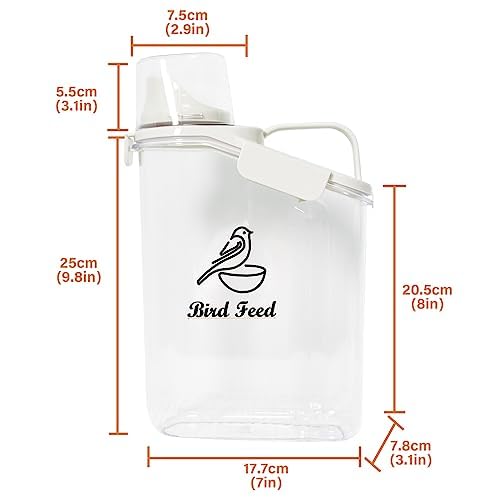 Ctomche Bird Seed Storage Container,2.8L Airtight Bird Food Container with Handle and Measuring Cup,Portable Pet Food Container for Wild Bird Sunflower Seed-BPA Free Transparent/White