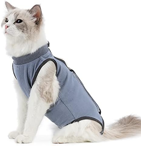 Cat Surgery Recovery Suit Cat Onesie for Cats After Surgery Spay Surgical Abdominal Wound Skin Diseases E-Collar Alternative Wear (Grey-Blue-M)