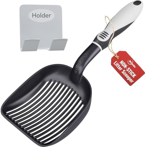 iPrimio Cat Litter Scoop Metal w/ Deep Shovel, Black - Non Stick Plated Aluminum Cat Litter Scooper with Holder - Litter Box Scooper - Metal Cat Litter Scoop - Patented Sifter w/ Holder - Solid Handle