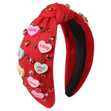 Valentine’s Day Headband for Women Candy Love Conversation Heart Headband Jeweled Beaded Heart Knotted Headband Sparkly Red Pink Rhinestone Hairband Valentines Accessories Gifts