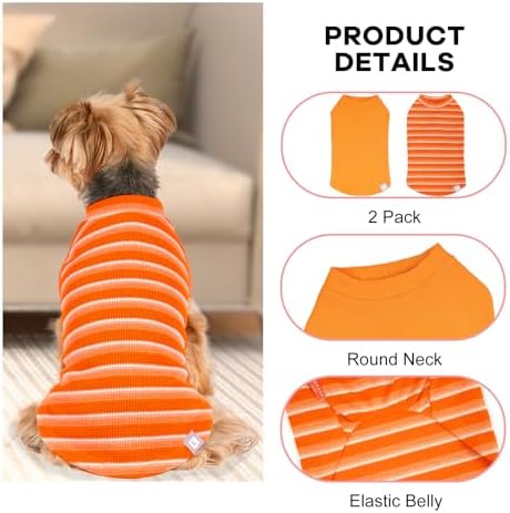 KYEESE 2Pack Waffle Dog Shirts for Small Dogs Stretchy Dog T-Shirts Lightweight Dog Tank Top Sleeveless Striped Dog Shirt Vest Breathable Cat Shirt, Large, Orange+Striped