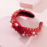 Valentine’s Day Pearl Headband for Women Holiday Red Pink Crystal Jeweled Knotted Headband Red Wide Top Knot Headband Valentine’s Day Hair Accessories Gifts (Valentine -pearl Red)