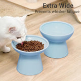 2 Extra Wide Elevated Cat Food Bowl, Ceramic Cat Bowls for Food and Water, Wide Shallow Cat Food Dish, Whisker Fatigue, Lead & Cadmium Free, Great Height for Cat, Blue