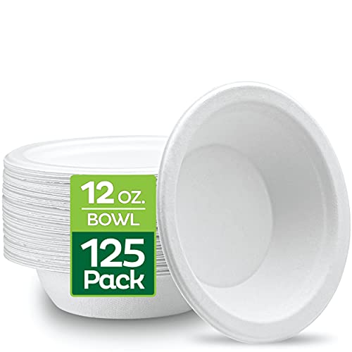 100% Compostable Disposable Paper Bowls [125-Pack] - {PFAS-Free} - {BPI Certified} - [12 oz] Heavy Duty, Eco-Friendly, Biodegradable Bagasse Hot Soup Bowls - Thick White 12oz Bowl Plates by Stack Man
