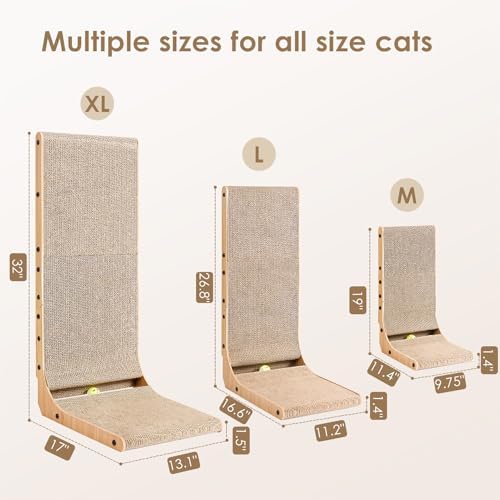 EHEYCIGA Cardboard Cat Scratcher for Indoor Cats, 32 Inch L Shaped Vertical Cat Scratching Board with Ball Cat Toy, Extra Large Cat Scratcher Pad, Brown