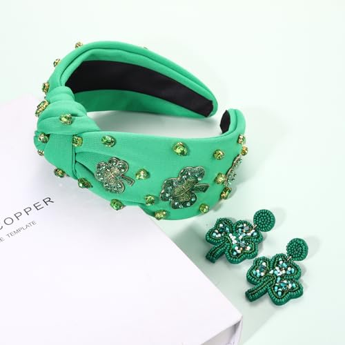 St.Patrick's Day Headband for Women - Glitter Shamrock Jeweled Knotted Headband with Lucky Green Crystals, Parade Hair Accessories Party Gift (Green2)