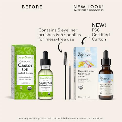 Sky Organics Organic Castor Oil Eyelash & Brow Serum, Hexane-Free Conditioning Oil that Promotes Fuller Looking Lashes & Eye Brows, 100% Pure & Cold-Pressed USDA Certified Organic 1 fl. Oz. / 30 ml