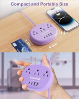 Purple Extension Cord - 10 FT Flat Extension Cord, 1625W Cute Extension Cord with 3 AC Outlet 4 USB (24W/4.8A), Compact for Cute Purple Kawaii Lavender Desk Accessories