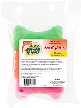Hartz DuraPlay Bone Squeaky Latex Dog Toy for Medium Breeds, 3 Pack