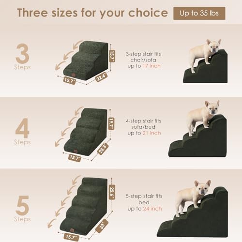 EHEYCIGA Curved Dog Stairs Ramp for High Beds 19.7" H, 4-Step Dog Steps for Small Dogs and Cats, Pet Stairs for High Bed Climbing, Non-Slip Balanced Pet Step Indoor, Olive Green
