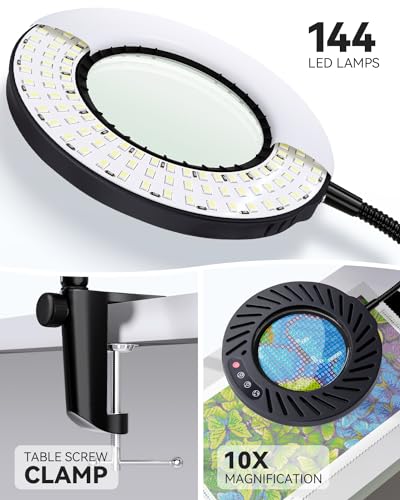 ARTDOT 10X Magnifying Glass with Light and Stand, 144 LEDs Desk Lamp with 5 Color Temperatures and 9 Levels Adjustable Brightness for Diamond Painting Accessories Crafts Reading Hobbies Close Work