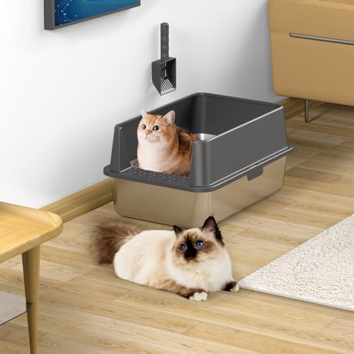 2PACK Stainless Steel Cat Litter Box with High Sides Lid, Extra Large XL Litter Box for Big Cats,Open Top Metal Kitty Litter Boxes with Anti-Leakage Enclosure,Non-Stick,Odorless,Scoop Included