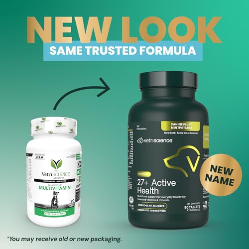 VetriScience 27+ Active Health Chewable Tablets, Canine Plus Daily Multivitamin for Puppies and Adult Dogs, Balanced Vitamins, Minerals and Antioxidants, Health and Wellness Support, Duck, 90 Count