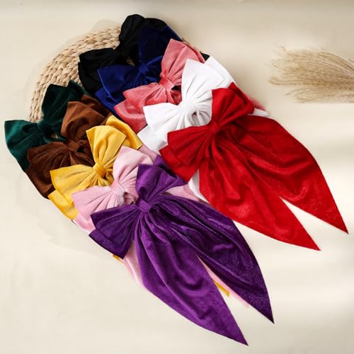 10 PCS Big Hair Bows for Women Girls,Velvet Large Hair Ribbon Bow Barrette Clips for Girls,Hair Bows with Long Tail Vintage French Hair Accessories for Women(velvet)
