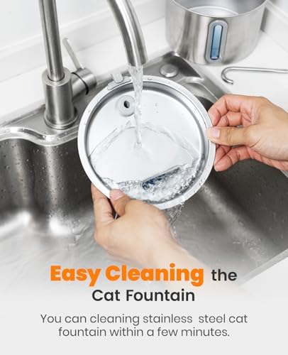 oneisall Stainless Steel Cat Water Fountain, 2L Water Fountains for Cats Indoor with Quiet Pump and 3 Replacement Filters, Pet Water Fountain Faucet Spout Design Cat Fountain Drinking Inside, PWF 001