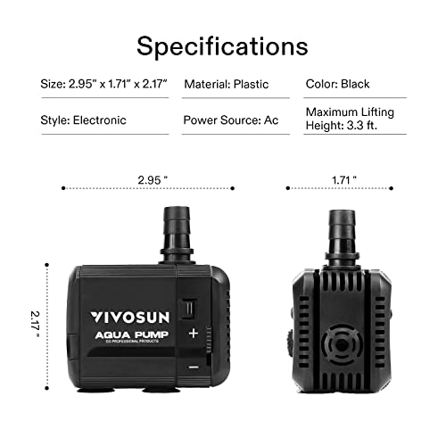 VIVOSUN 210GPH Submersible Pump(800L/H, 8W), Ultra Quiet Water Pump with 3.3ft High Lift, Fountain Pump with 5ft Power Cord, 2 Nozzles for Fish Tank, Pond, Aquarium, Statuary, Hydroponics