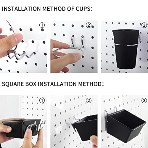 6 Sets Pegboard Bins Pegboard Cups with Hooks, Pegboard Hooks Assortment, Hooks for Pegboard Cup Holder for Organizing Accessories Tools Storage Office Workshop Garage Workbench Black