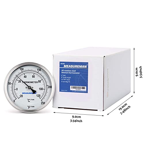 Measureman Fully Stainless Steel Pot, Kettle, Brewing Bimetal Dial Thermometer, 3" Dial, 6" Stem, 0-250 deg F/-20-120 deg C, -1% Accuracy, Adjustable, 1/2" NPT Back Mount