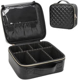 Relavel Makeup Bag, Travel Cosmetic Train Case Organizer Portable Artist Storage Bag with Adjustable Dividers for Cosmetics Makeup Brushes Toiletry Jewelry Digital Accessories Quilted Leather Black