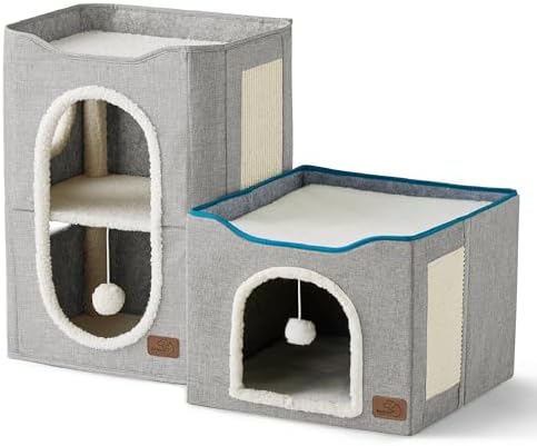 Bedsure 2-Level Cat House for Indoor Cats - Small Cat Towers with Scratch Pad and Hideaway Condo, Cat Cave Bed Furniture for Multi Pets and Large Cats, 18x14x23 inches, Grey