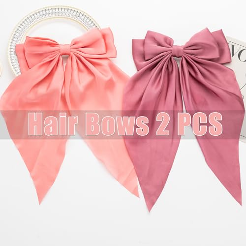 Hair Bows 2 PCS, Hair Bows for Women, Hair Ribbons, Oversized Long-tail Cute Aesthetic Hair Accessories, Large Hair Barrettes for Women, Big Bows for Girls (Watermelon Red, Deep Pink)