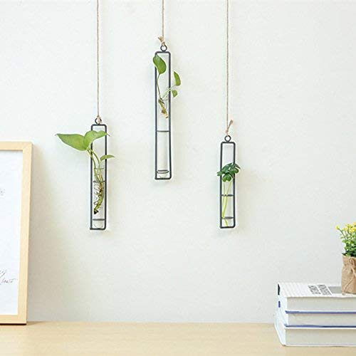 AODERUM Hanging Glass Planter Water Iron Art Hydroponic Vase Transparent Test Tube Flower Hanging Bottle Home Decoration (3pcs-S,M,L)