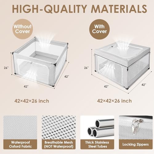 EHEYCIGA 42x42x26 Inches Puppy Playpen for Dogs & Cats Indoor or Outdoor - Foldable Dog Play Pen with Door, Dog Fence for Small Pets with Heavy-Duty Oxford & Steel Frame, with Cover