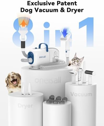 oneisall Dog Vacuum & Dryer for Shedding Grooming, 8 in 1 Dog Grooming Kit with Metal Blades Pet Clippers, Adjustable Speed and Temperature Control Dog Blower