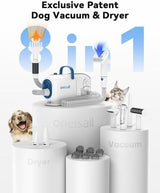 oneisall Dog Vacuum & Dryer for Shedding Grooming, 8 in 1 Dog Grooming Kit with Metal Blades Pet Clippers, Adjustable Speed and Temperature Control Dog Blower
