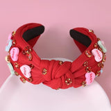 Valentine’s Day Headband for Women Candy Love Conversation Heart Headband Jeweled Beaded Heart Knotted Headband Sparkly Red Pink Rhinestone Hairband Valentines Accessories Gifts