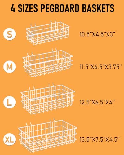 INCLY 4 Pack Pegboard Baskets Bins Set, 4 Size Square Style Metal White Wire Basket for Any Peg Board Organizing Tools, Pegboard Accessories for Workbench Garage Wall Storage Attachments