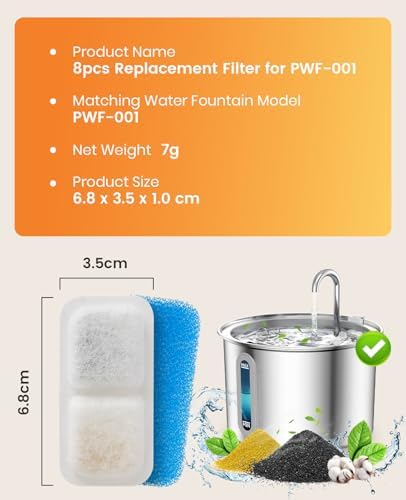 oneisall Cat Water Fountain Filters Replacement, 8 Pack Cat Fountain Filters for 67oz/2L Stainless Steel Cat Fountain Filters, Filters for Cat Water Fountain Easy to Install and Clean