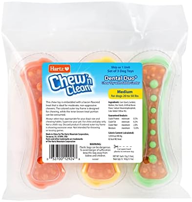 Hartz Chew 'n Clean Dental Duo Dog Treat & Chew Toy, Color Varies, Medium, 3 Pack