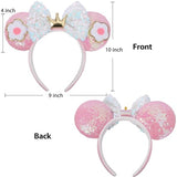 Flower Pink Sequin Mouse Ears Headband, 4" Park Ears, Handmade &, One Size Fits All, Great for Women Girls Birthday Parties, Hair Accessories, Cosplay
