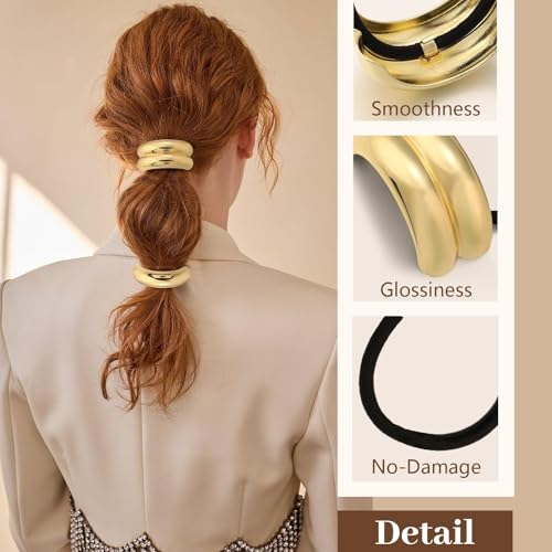 3PCS Gold Hair Ties, Metal Hair Ties for Thick Hair, Elegant Durable Geometric Design, Gold Hair Accessories Stretchy and Non-Damage Ponytail Holders, 3 Styles in Box Holiday Gifts
