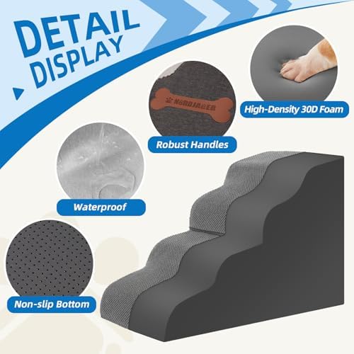 5-Step Spliceable Pet Stairs: Indoor& Outdoor Multi-Use with a Removable Cover and a Pocket, Best for Small Pets and Older Dogs Who Has Spine and Arthritis Issues to Get on High Beds, Grey（22.8" H