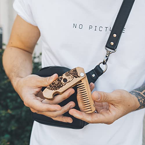 Enjoy The Wood Beard Comb for Men, Folding Pocket Beard Accessories for Men, Engraved Walnut Wooden Comb for Moustache, Beard & Hair - Perfect Gift For Him (Gift for Him (Skull)) (Model HS)