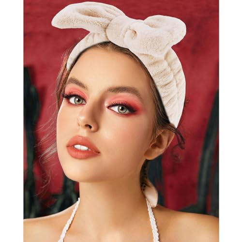 VELSCRUN 5 Pcs Khaki Puffy Sponge Spa Headband Bow Tie Hair Band Hair Clips Wristband Set, Spa Headbands for Wash Face, Makeup Headband, Facial Skincare Headbands Women Girls Hair Accessories Gifts