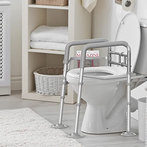 Agrish Stand Alone Toilet Safety Rail - [Adjustable Design] Medical Assist Grab Bar for Elderly Handicap Pregnant, Folding Toilet Frame Handrails (Silver Grey)