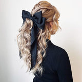 Silky Satin Hair Slides with Metal Clips - 4 Pieces Ribbon Barrettes, Large Bows, and Long Tail Accessories for Women and Girls (Black, White)